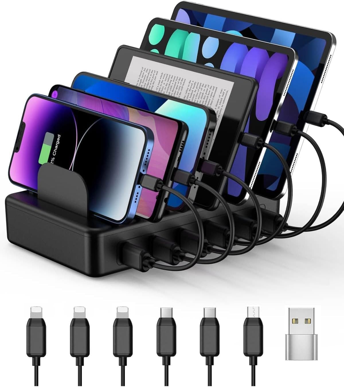 CREATIVE DESIGN 50W 6 Ports Multi Charger Station with 6 Charging Cables, USB Charging Dock for Multiple Devices, Compatible with Cellphone iPad Kindle Tablet and Other Electronic Devices - Image 9