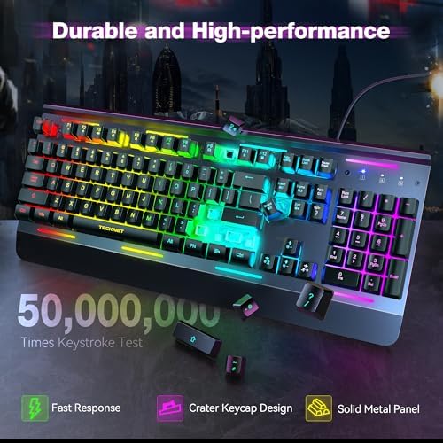 TECKNET Gaming Keyboard, USB Wired Computer Keyboard, 15-Zone RGB Illumination, IP32 Water Resistance, 25 Anti-ghosting Keys, All-Metal Panel (Whisper Quiet Gaming Switch) - Image 4
