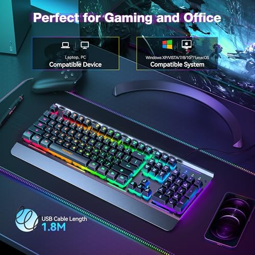 TECKNET Gaming Keyboard, USB Wired Computer Keyboard, 15-Zone RGB Illumination, IP32 Water Resistance, 25 Anti-ghosting Keys, All-Metal Panel (Whisper Quiet Gaming Switch) - Image 5