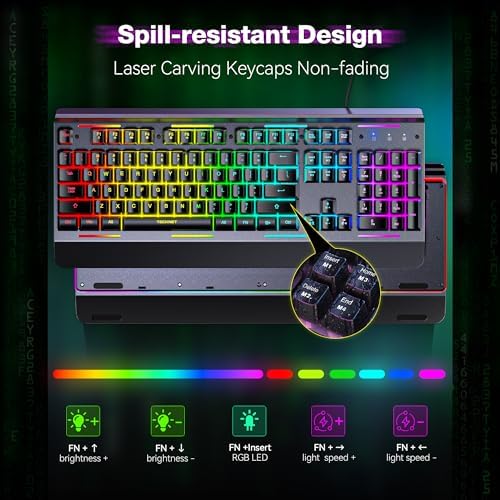 TECKNET Gaming Keyboard, USB Wired Computer Keyboard, 15-Zone RGB Illumination, IP32 Water Resistance, 25 Anti-ghosting Keys, All-Metal Panel (Whisper Quiet Gaming Switch) - Image 6