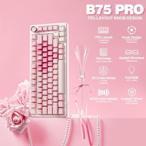 YUNZII B75 PRO Wireless Mechanical Keyboard,75% Layout with Knob,Hot Swap Gasket Custom Structure,Creamy Pre-lubed Switches,RGB Backlit,Bluetooth/Type-C/2.4G for Win/Mac(Milk Switch,Pink) - Image 2
