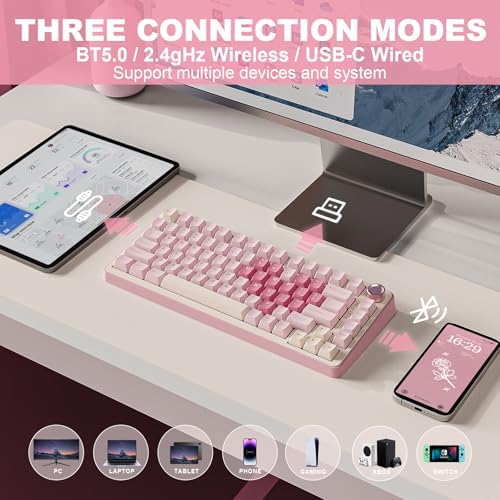 YUNZII B75 PRO Wireless Mechanical Keyboard,75% Layout with Knob,Hot Swap Gasket Custom Structure,Creamy Pre-lubed Switches,RGB Backlit,Bluetooth/Type-C/2.4G for Win/Mac(Milk Switch,Pink) - Image 3