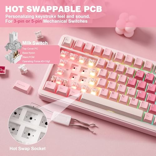 YUNZII B75 PRO Wireless Mechanical Keyboard,75% Layout with Knob,Hot Swap Gasket Custom Structure,Creamy Pre-lubed Switches,RGB Backlit,Bluetooth/Type-C/2.4G for Win/Mac(Milk Switch,Pink) - Image 5